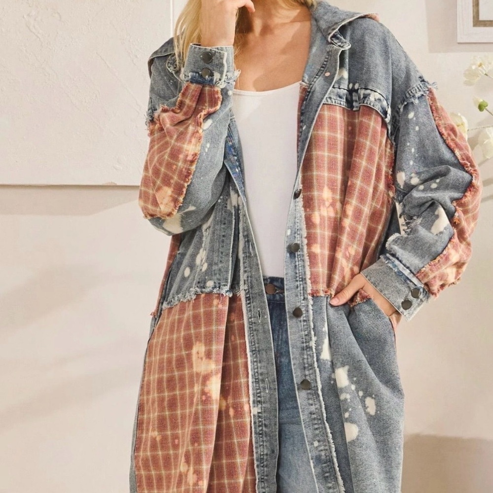 Oli & Hali XL Patchwork Denim Hooded Jacket Frayed Edge Plaid Oversized - Picture 5 of 9